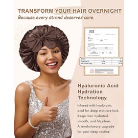 BONNET QUEEN Silk Bonnet for Sleeping Women Hyaluronic Acid Infused Satin Bonnet for Curly Hair Double Layer Hair Wrap Adjustable Sleep Cap with Tie Band & Scrunchie, Champagne & Brown