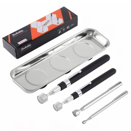 Rechabite 5 PCS Magnetic Telescoping Pick up Tools, 15 LBS, 8 LBS, 3.5 LBS, 1.5 LBS Magnet Stick Screws Parts Finder, with Rectangle Magnet Tray, Pickup Nails, Metal Retrieving