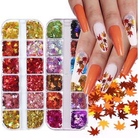 3D Maple Leaf Glitter Nail Sequins Fall Nail Stickers Autumn Nail Glitters Holographic Vintage Maple Leaves Nail Designs Thanksgiving Glitter Decals for Manicure Decoration 24 Girds