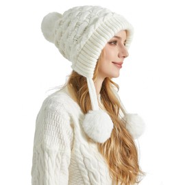 Ausing Womens Knit Thermal Skull Cap Warm Thickened Hat Soft Peruvian Cover Ears Hats Fashion Fleece Lined Beanie Outdoor Rabbit Hair Beanies Hats Milky White M（56-58Cm）