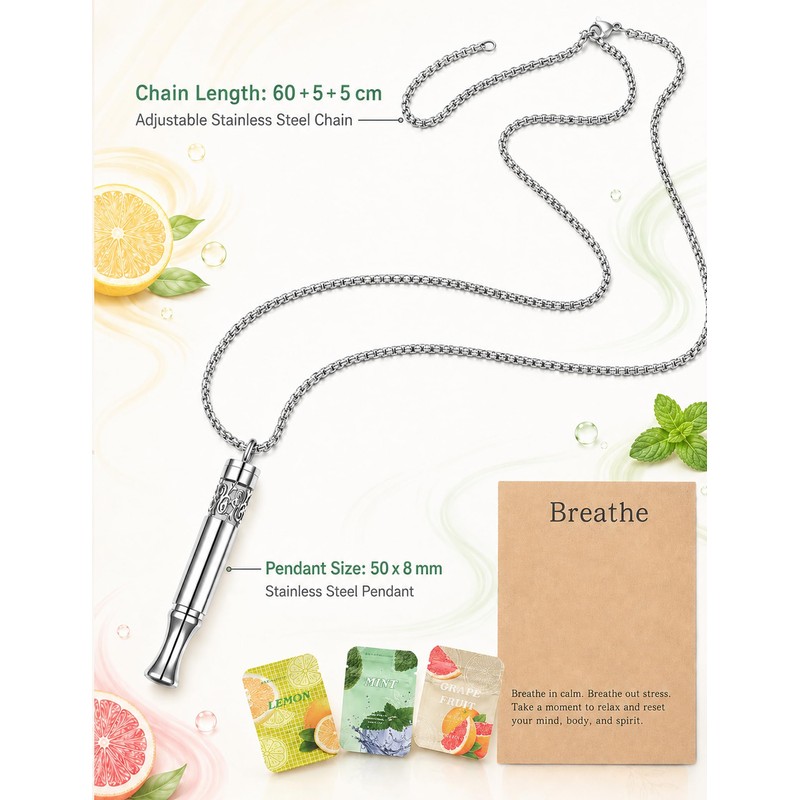 BOLAGTIER Breathing Necklace Stop Smoking Aid with Flavor Filter (Silver)