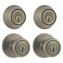 Kwikset 242 Tylo Entry Knob and Single Cylinder Deadbolt Project Pack in Antique Brass