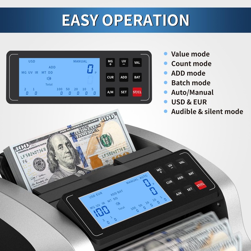 PONNOR Money Counter Machine with Value Count, UV/MG/IR/MT/DD Counterfeit Bill