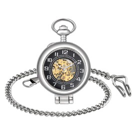 Infinite U Black Arabic Numerals Right Angle Magnifier High Quality Steel Mechanical Pocket Watch Pendant Necklace for Men/Women Silver