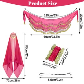 GANZHOUYILAN - Juego de 4 bufandas para danza del vientre, falda de danza del vientre y bufanda para la cabeza con monedas, 2 pulseras de muñeca con 50 pines, Rosa, talla única corto