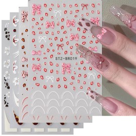 4 Sheets Nail Stickers Cute Bow Leopard Flower Nail Art Stickers Holiday Nail Decals Pink Red Black Sticker 3D Self Adhesive Nail Art Supplies for Women DIY Acrylic Nail Decor