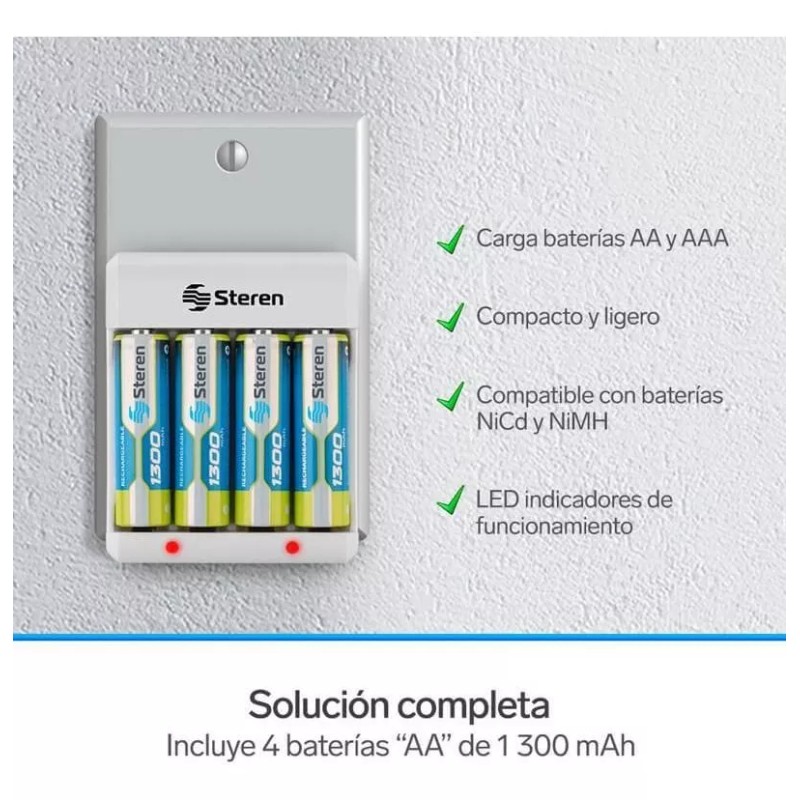 Steren Cargador De Pilas Aa Y Aaa. Incluye 4 Pilas