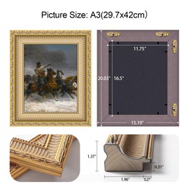 Classic Gold A3 Frames for Home Wall Photo Display: Wooden 11.75x16.5inch Antique Picture Frames for Family Friends Grandpa Photo Display, Ornate Vintage Gallery Wall Frame for Canvas Diploma Poster