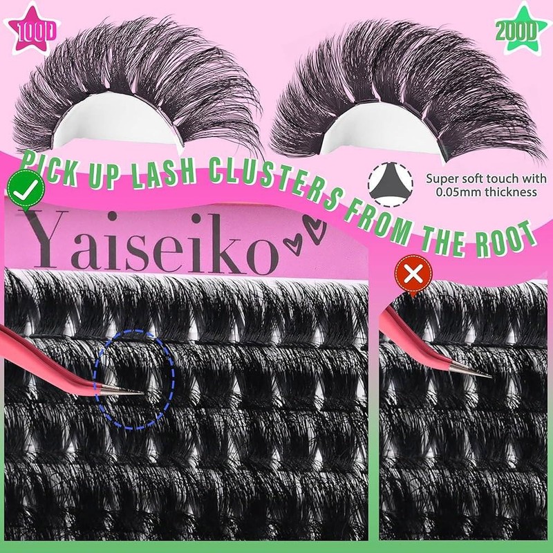 Yai Lash 클러스터 100D+200D 두꺼운 속눈썹 12-25mm Wispy 개별 메가