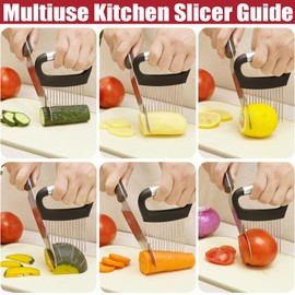 Furneet Onion Slicer with Protective Cover - Stainless Steel Cutter for Slicing Tomatoes, Potatoes, Avocados - Multiuse Vegetable Chopper and Meat Tenderizer