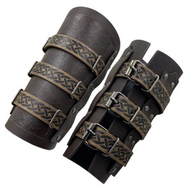 Leather Gauntlet Wristband Medieval Bracers Viking Wrist Guards Archery Guards Bracers Wide Arm Armor Cuff for Women Men 2PCS, Brown Leather Bracers, Large