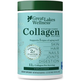 Great Lakes Wellness Sustainable Marine Collagen Peptides Powder for Skin, Hair, Nails, Joints & Digestion - Unflavored - Quick Dissolve Hydrolyzed, Wild Caught, MSC Certified, Non-GMO, Kosher - 16 oz