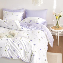 Wake In Cloud - Floral Comforter Set, Cottagecore Cute Aesthetic Watercolor Tiny Flowers and Leaves, Soft Lightweight Bedding for Women Teen Girls, 3 Pieces, Purple, Queen Size