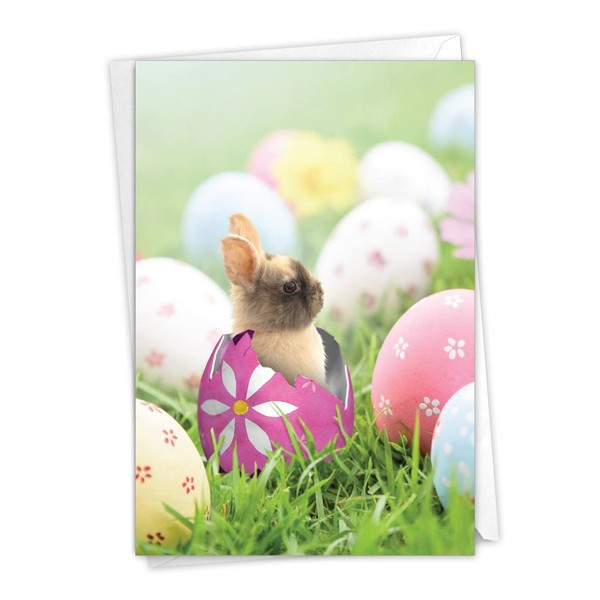 NobleWorks - 1 Retro Easter Greeting Card with Envelope (4.63 x 6.75 Inch) - Hatching Rabbits-Egg C8993FEAG