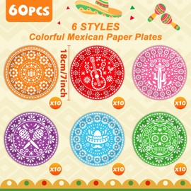 60 PCS Mexican Fiesta Party Plates 7 in Mexican Party Decorations Colorful Papel Picado Fiestas Disposable Paper Dish for Cinco De Mayo Decor Mexico Tableware set, Day of The Dead Dinnerware