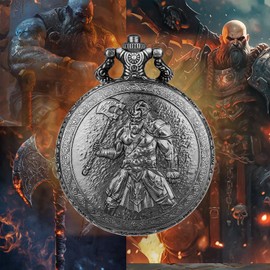 Mini DND Dice Set with Steampunk Axe Barbarian Pocket Watch Shell Case, 7pcs Polyhedral Metal Dice Set, D&D Gifts with Gift Bag, DND Starter Set, Role Playing Board Games Accessories, Silver