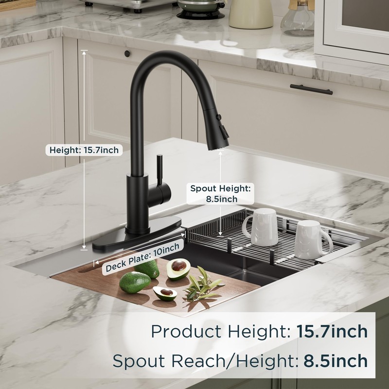 QFN Black Kitchen Faucet with Pull Down Sprayer, High Arc