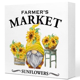 Farmer's Market Sunflower Gnome Wooden Plaque Sign Desk Decor,Rustic Floral Gnome Wood Block Sign Desk Decorations for Summer Home Living Room Office Garden Shelf Table Decor