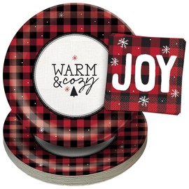 Live It Up! Party Supplies Red & Black Buffalo Plaid Warm and Cozy Happy Holidays Paper Dinner Plates With Lunch Napkins (Serves 16) - Christmas and Holiday Paper Tableware