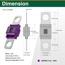 AMI/Midi Car Fuses 200 Amp High Current Fuse, Bolt-on Fuse for Cars, Buses, RVs, Trucks, Construction Vehicles, Caravans, 6 Pack
