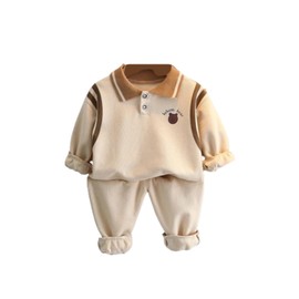 [EnDast] Long Sleeve Collared Thin Sweatshirt, Top and Bottom 2-Piece Set, Cute, Loungewear, Cold Protection, For Boys And Girls, Spring, Autumn, Winter, Warm, Korean Children's Clothing, 31.5 inches