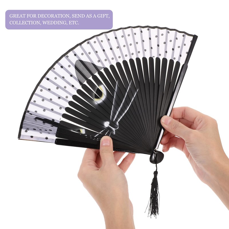Black Cat Folding Fan - Cartoon Cat Handheld Bamboo Silk