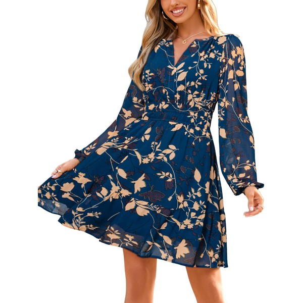 Simplee Womens Fall Floral Mini Dress 2025 Long Sleeve Boho