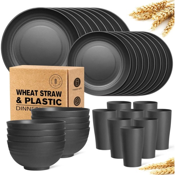 Unbranded 32-Piece Kitchen Plastic Wheat Straw Dinnerware Set Service for