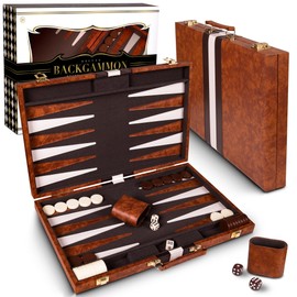 Crazy Games Backgammon Sets for Adults with Premium Leather Case | Classic Travel Backgammon Set for Adults and Kids with Strategy & Guide | 15 Inches | Medium | Brown