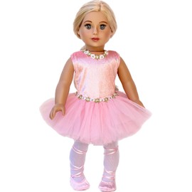 Prima Ballerina - 3 Piece Ballerina Outfit Fits 18 Inch Doll - Pink Leotard with Tutu, White Tights and Ballet Shoes (Doll Not Included)