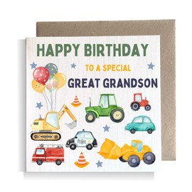 Second Ave Digger Great Grandson Children's Kids Baby Tractor Car Square Card For Boy Birthday