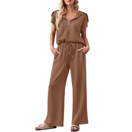 MEROKEETY Women 2 Piece Set Summer Outfits Sweatsuit Half Zip Cap Sleeve Sweatshirt Wide Leg Sweatpant Tracksuit Sets Brown L