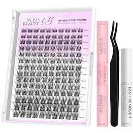 VEYESBEAUTY Lash Clusters Kit Individual Eyelash Extensions Thin & Invisible Band DIY False Eyelashes Newbie's Five-Second Series Wispy Lash Tray, LuxeBold KIT with Bond&Seal Remover Applicator