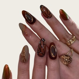 24Pcs Medium Almond Press on Nails Brown Acrylic False Nails With Butterfly Designs Fake Fingernails 3D Gold Curve Line Glossy Full Cover Artificial Fale Nails Kit Reusable Women Girls Manicure