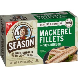 Season Mackerel in Olive Oil - Skinless & Boneless, Wild Caught Fish, Keto Snacks, Canned Mackerel Fillets, Full of Vitamins, Low in Mercury, Kosher, Non-GMO, 20g of Protein - 4.37 Oz, 12-Pack