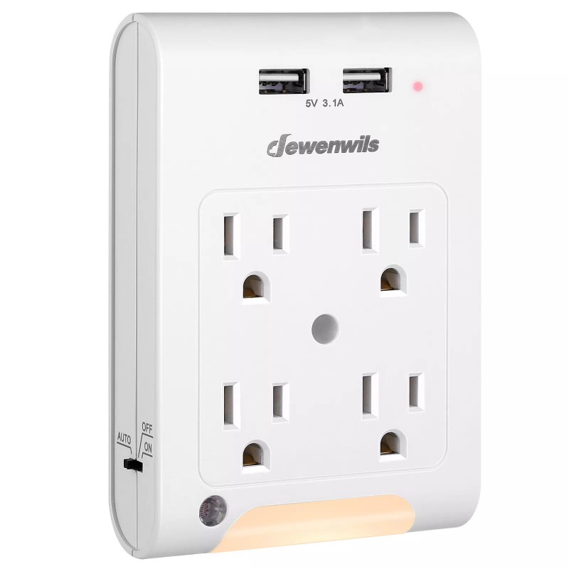 DEWENWILS 4-Outlet Wall Outlet Adapter with 2 USB and Light