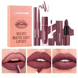 3 Pieces Matte Liquid Lipstick Lip Liner Set - All-In-One Lip Kit, Velvety Nude Lip Gloss & Lipstick & Lip Liner, Waterproof Make Up Lip Set (Colour, # 06)