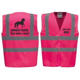 Horses Please Pass Wide & Slow (Horse) - Horse Riding Equestrian Premium Pink Hi Vis Safety Vest Reflective Waistcoat Road Safety High Visibility, Can Personalise. (Pink, 2XL)