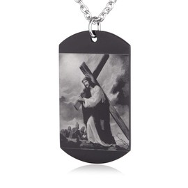 FAYERXL Christ With The Cross Holy Bible Verse The Cross In My Pocket Catholic Prayer Black Dog Tag Necklace,Jesus Carries Cross Scripture Baptism Religious Gifts (The cross in my pocket)
