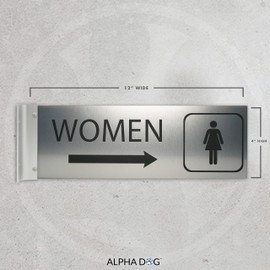 ALPHA DOG SIGNS Women's Corridor Projecting Hallway Bathroom Sign, Right Arrow, 4"x12" Double Sided, Indoor/Outdoor, Easy Install, Durable Business Wayfinding Plaque, USA-Made (Brushed Stainless)