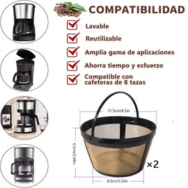 JDF3CISH 2 Piezas Filtro para Cafetera, Filtro de Café Reutilizables, Filtro de Café de 8-12 Tazas de Acero Inoxidable, Filtros para Cafetera de Goteo, para Cafeteras y Cerveceros, Malla Dorada