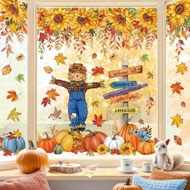decalmile Thanksgiving Fall Double Sided Window Clings Sunflower Scarecrow Pumpkin Maple Leaves Anti-Collision Glass Doors Window Stickers Decals
