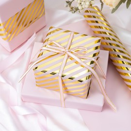 Burymento Pink and Gold Stripes Wrapping Paper, Reversible Pink Gift Wrap for Birthday, Valentines, Mothers day, Graduation, Wedding, Fathers day, Baby Shower, Christmas (17in x 32.8ft)