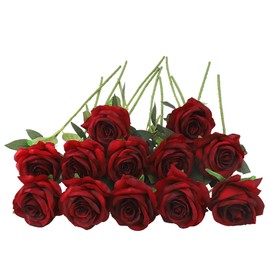 Decpro 12 PCS Artificial Roses Single Long Stem Silk Blossom Fake Flower for Home Party Wedding Decoration(Burgundy)