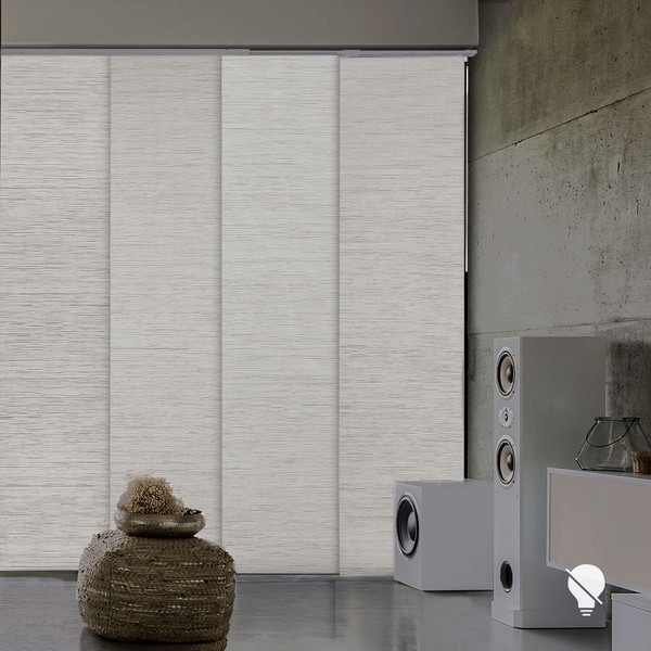 GoDear Design 99.99% Blackout Adjustable Vertical Blinds 45.8"- 86" W x Up to 96" H, Extendable Sliding Panel Track Window Blinds, Grayish Metallic Luster Trimmable Natural Woven Panel Curtain, Mica +