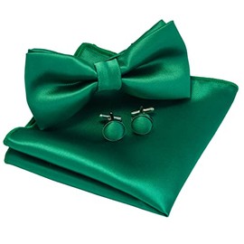 JEMYGINS Men's Plain Bow Tie and Pocket Square with Cufflinks, green