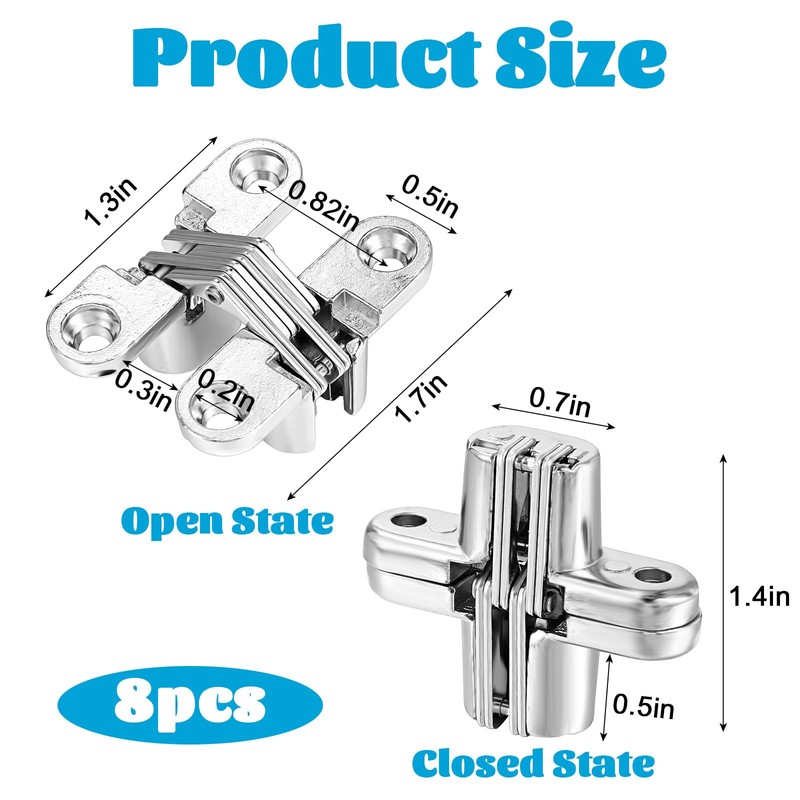 8 Packs Hidden Hinges for Cabinet Doors, 1-3/4" Stainless Steel