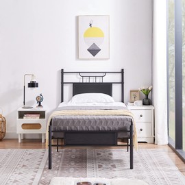 VECELO Twin Size Platform Bed Frame with Wood Headboard/Mattress Foundation/Premium Steel Slats Support/No Box Spring Needed,Black(Crown)