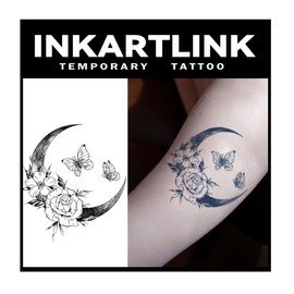 INKARTLINK Tattoo Tech, 2 Sheets Medium Semi Permanent Tattoo, Adult Art Design Temporary Tattoos, Lasts 1-2 Weeks, Waterproof, Realistic Look (Floral Language Series: Flowers and Moon Design)