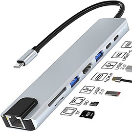 USB C Hub,8 en 1 Adaptador USB C Hub a HDMI 4K,Adaptador USB C a Ethernet,Ethernet LAN Adaptador,Concentrador USB Adaptador 5Gbps,Lector de Tarjetas  